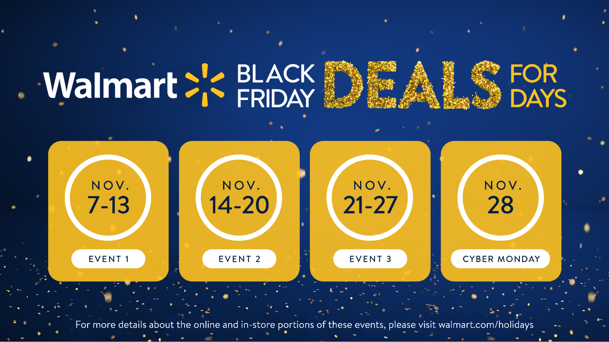Walmart carried out four events in Black Friday from November 7 to November 28. 